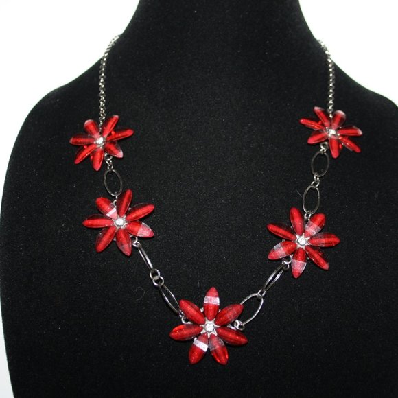 Gun metal black and red flower necklace 30"